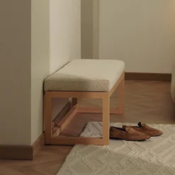 Bankje Loya Chenille en beukenhout, 128cm