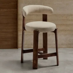 Barkruk Granite Chenille en bruin essenhout (zithoogte 65cm)