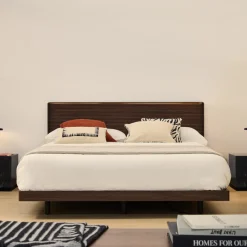 Bed Norlen incl. hoofdbord met LED-verlichting, Walnootfineer