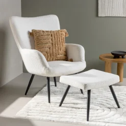 Fauteuil Shaguana Met voetenbank, Bouclé, kleur Wit