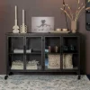 Industrieel Dressoir Bony Op wieltjes, Metaaal en glas, 120cm, kleur zwart
