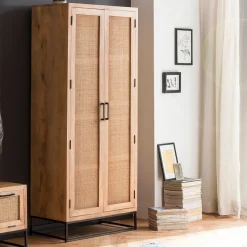 Kledingkast Denice Mangohout en rotan, 180 x 80cm