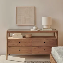 Ladekast Spindle Teakhout en glas, Met 3 laden, kleur Naturel