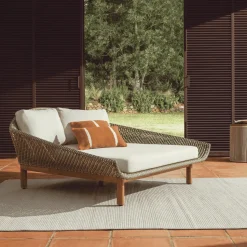 Ligbed Olbia Tweepersoons, Rattan en teakhout, kleur Groen