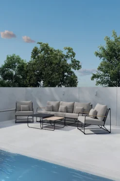 Loungeset Markesha Bouclé, Met bank, 2 stoelen en 2 tafels, kleur Beige/Zwart