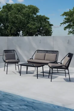 Loungeset Shiquita Met bank, 2 stoelen en tafel, kleur Zwart