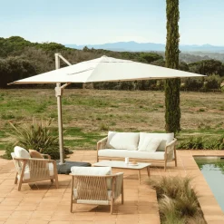 Loungeset Sirte Met 3-zitsbank, 2 fauteuils en tafel, kleur Ecru/Houtlook