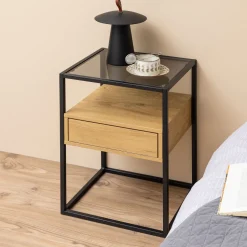 Nachtkastje Maikel zwart metaal met glazen blad en lade