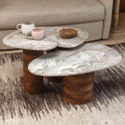 Organische Bijzettafel Suki Marmer en mangohout, Set van 3 stuks