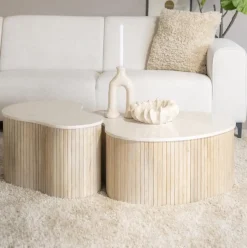 Organische Salontafel Kira Mangohout en marmer, Set van 2 stuks