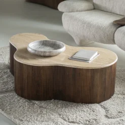 Organische Salontafel Mari Mangohout en Travertin, 129 x 84cm