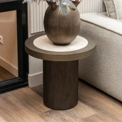 Ronde Bijzettafel Nando Travertinlook en eiken, 60cm