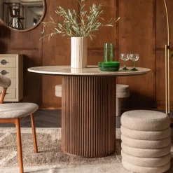 Ronde Eettafel Arda Walnoot en travertin, 115cm