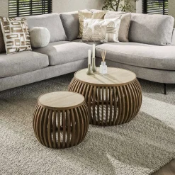 Ronde Salontafel Beckie Mangohout en travertinlook, Set van 2 stuks