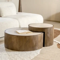 Ronde Salontafel Hazel Mangohout en marmer, Set van 2 stuks