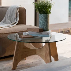 Ronde Salontafel Kobe Essenhout en glas, 80cm