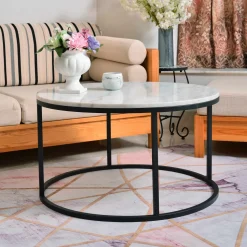 Ronde Salontafel Yorick Wit Marmer en Staal, Ø85cm