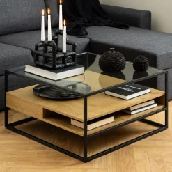 Salontafel Maikel Eiken en glas, 80 x 80cm