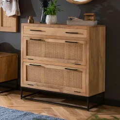 Schoenenkast Denice Mangohout en rotan, 91 x 85cm