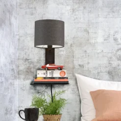 Wandlamp Andes Zwart, Bamboe en Eco linnen, Met plank