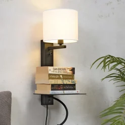 Wandlamp Florence Met plankje en leeslamp, kleur Zwart