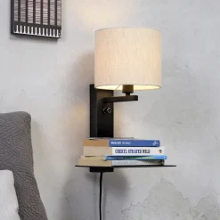Wandlamp Florence Met plank en USB, kleur Zwart